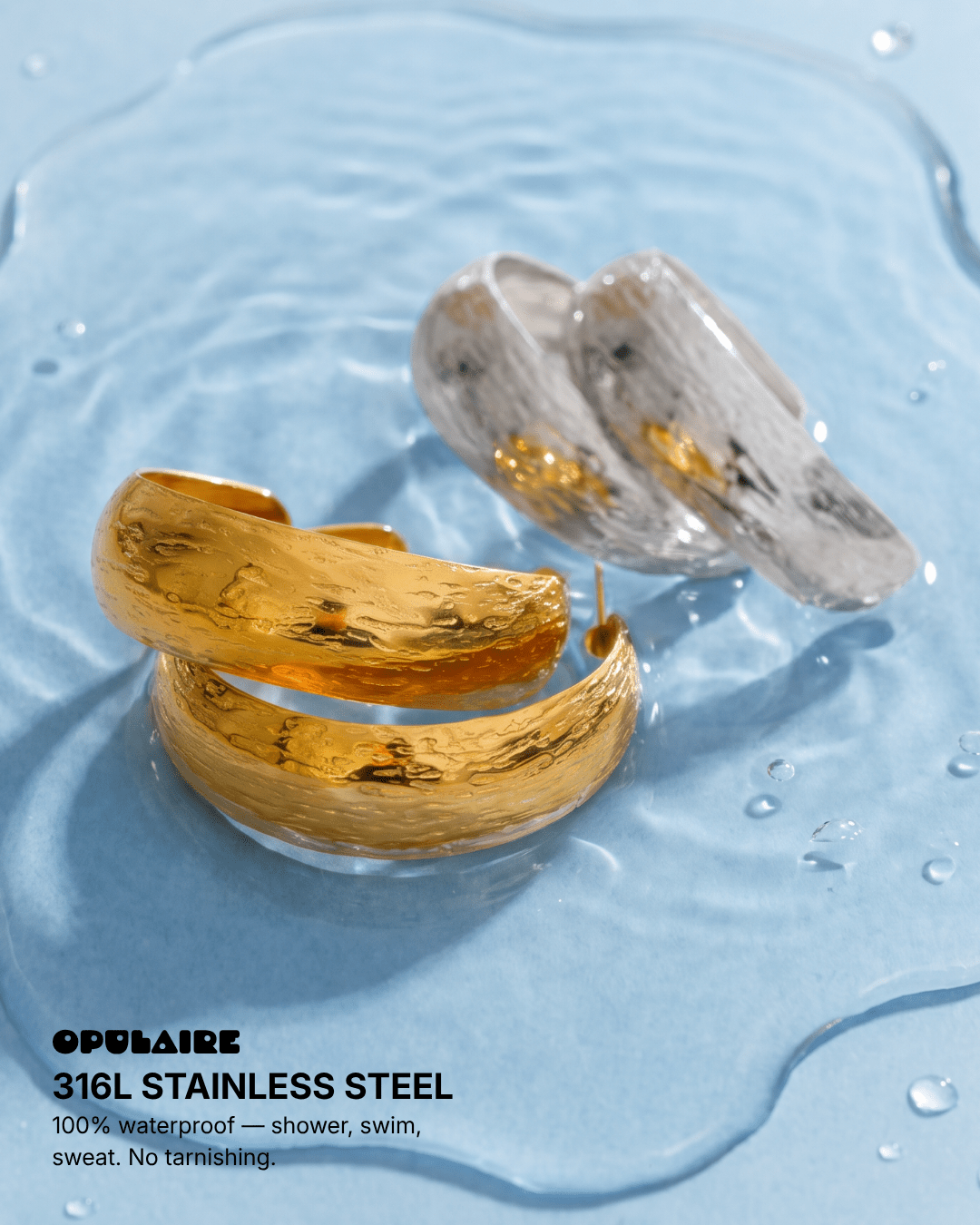 Cara - Chunky textured hoop earrings - stainless steel - Opulaire - WATERPROOF jewelry - 