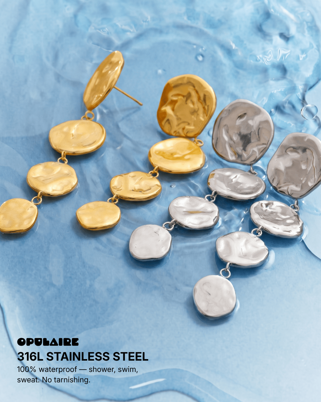 Emani - Hammered disc drop earrings - Stainless steel - Opulaire - WATERPROOF jewelry - 
