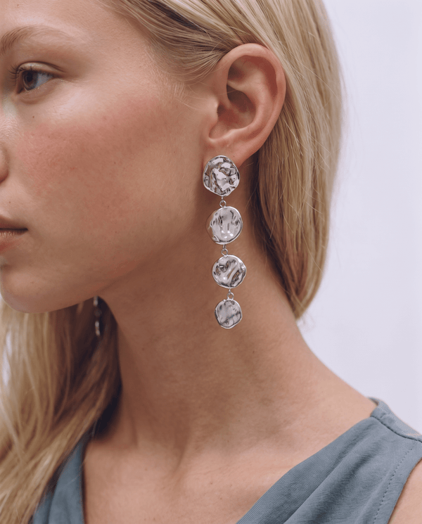 Emani - Hammered disc drop earrings - Stainless steel - Opulaire - WATERPROOF jewelry - 